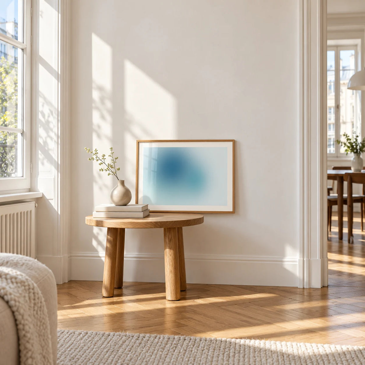 Turquoise Wall Art, a small A4 framed print leaning on a small solid oak side table