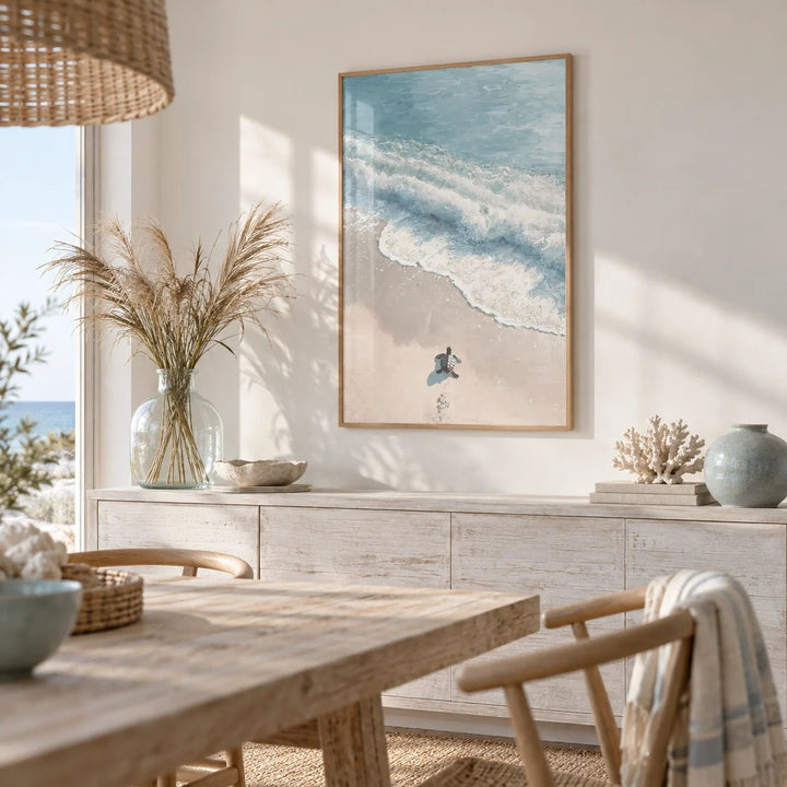Turtle Print, framed on the wall of a breezy coastal dining room