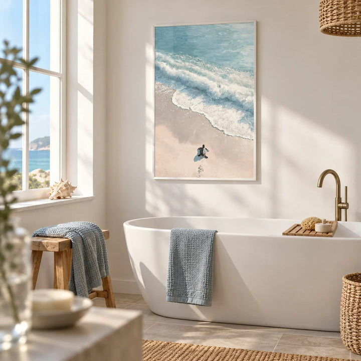 Turtle Print, framed on the wall of a bright coastal bathroom