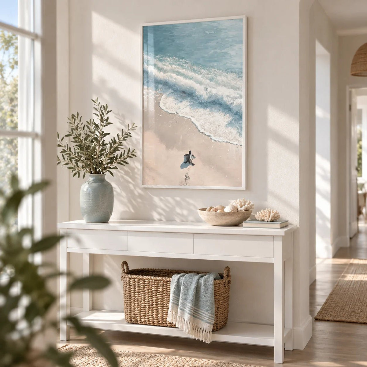 Turtle Print, framed on the wall of a bright hallway