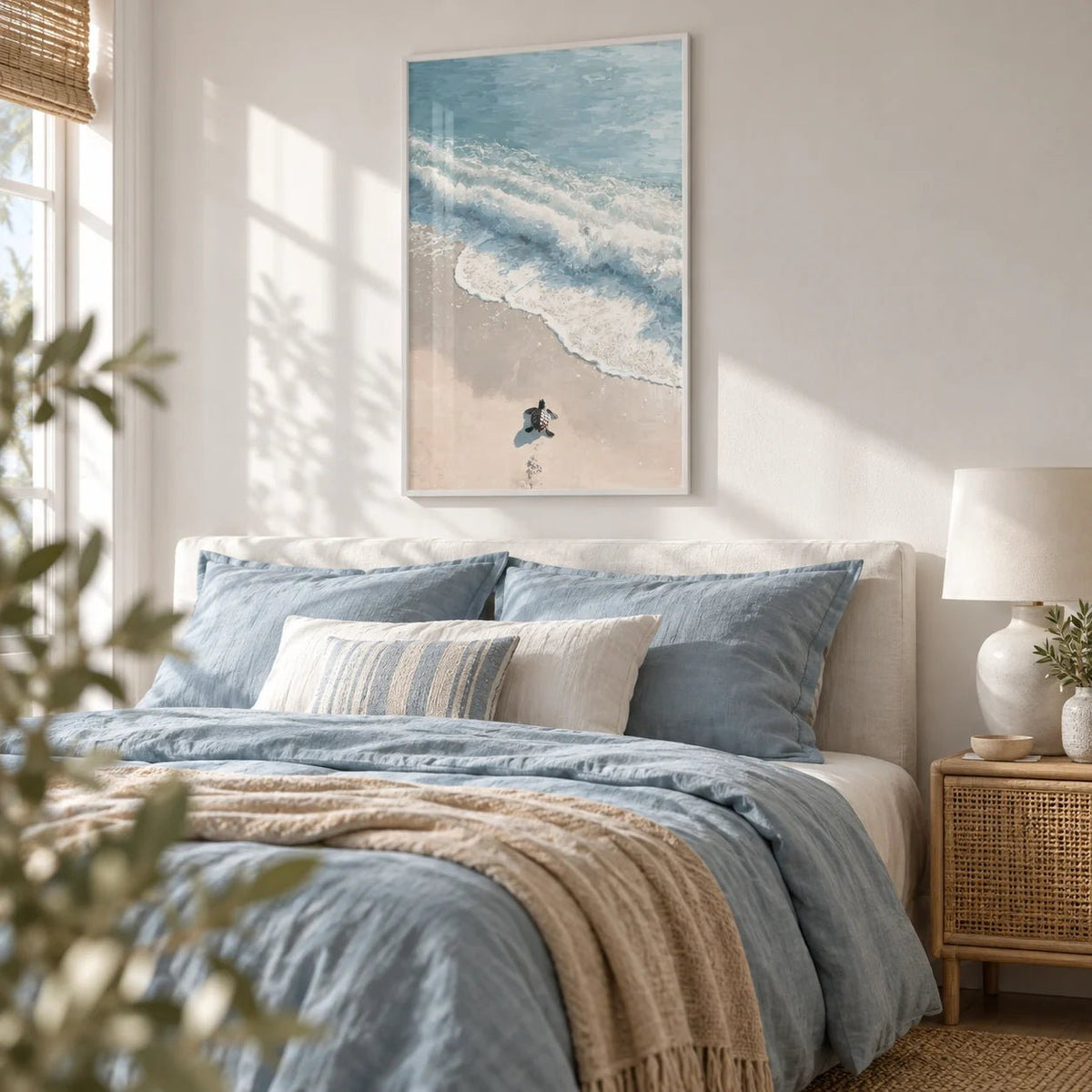 Turtle Print, framed on the wall of a light coastal bedroom