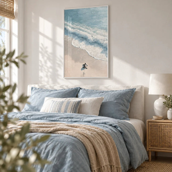 Turtle Print, framed on the wall of a light coastal bedroom