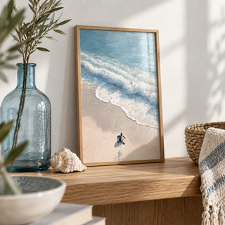 Turtle Print, a small A4 framed print leaning on an oak shelf in a living room