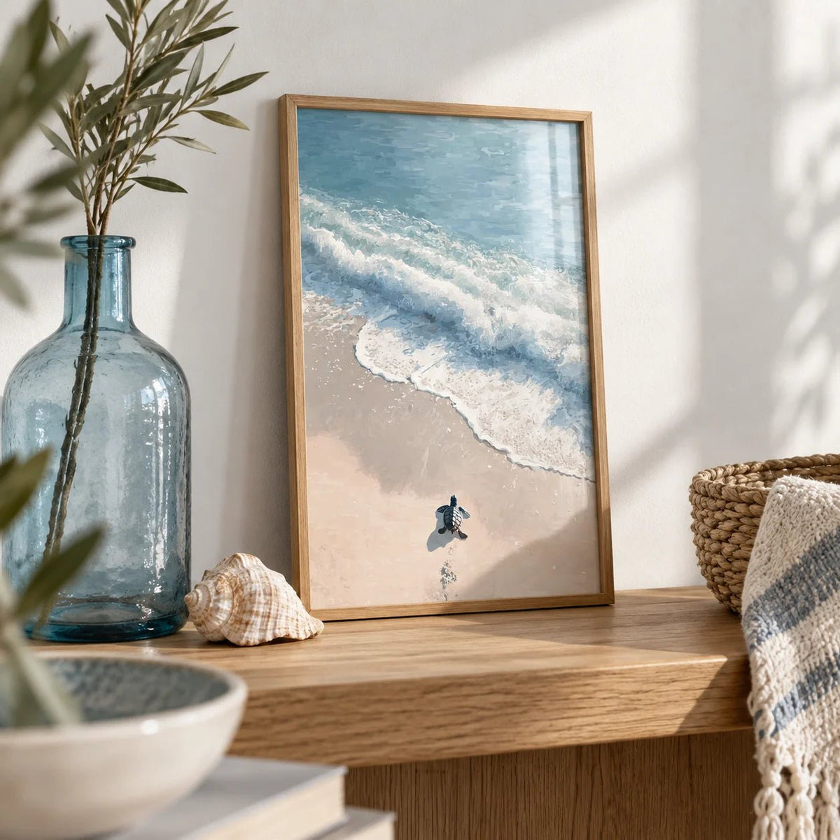 Turtle Print, a small A4 framed print leaning on an oak shelf in a living room