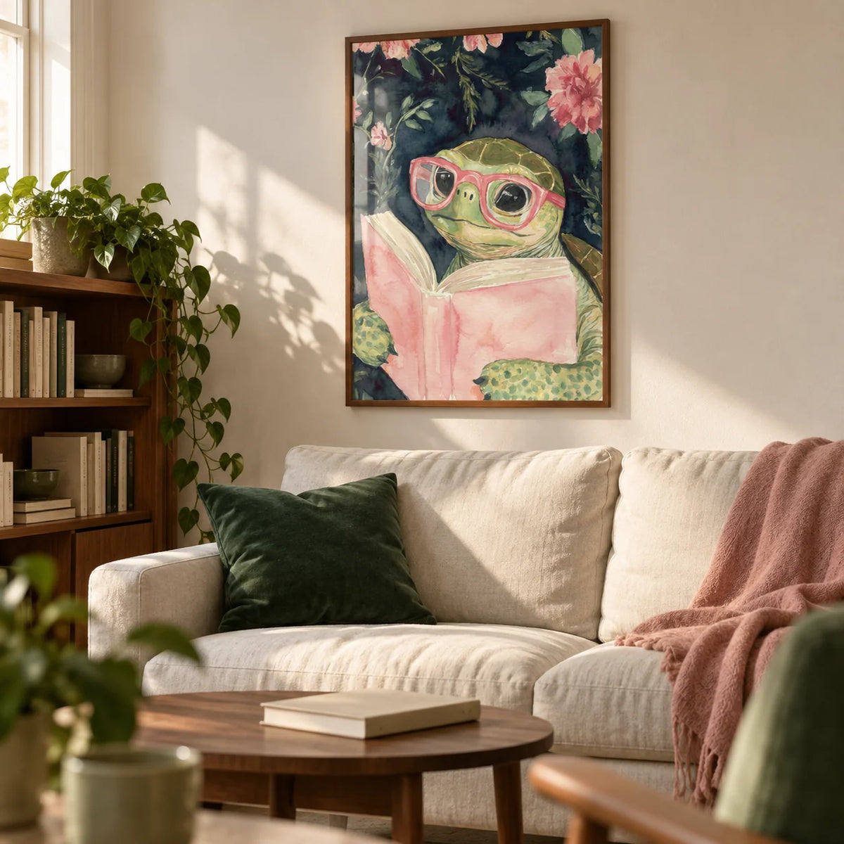 Turtle Reading Art Print, framed on the wall of a calm living room in a book lover's UK flat with a warm white wall and a low walnut bookcase beside the seating area
