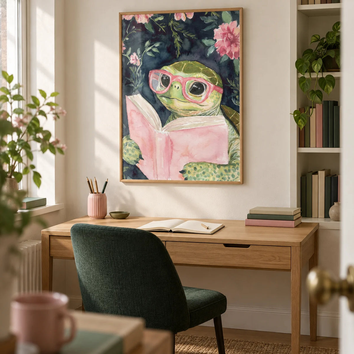 Turtle Reading Art Print, framed on the wall of a compact home study in a UK maisonette with a cream wall and a recessed shelf of books with unlettered spines