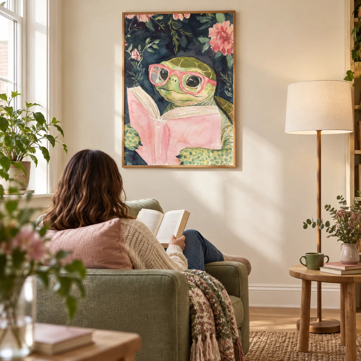 Turtle Reading Art Print, framed on the wall of a cosy reading nook in a UK terraced home with a warm cream wall and pale oak floor in a living room