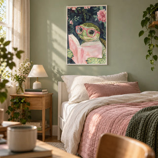 Turtle Reading Art Print, framed on the wall of a quiet single bedroom for a young adult reader aged 18-25 with a pale sage wall