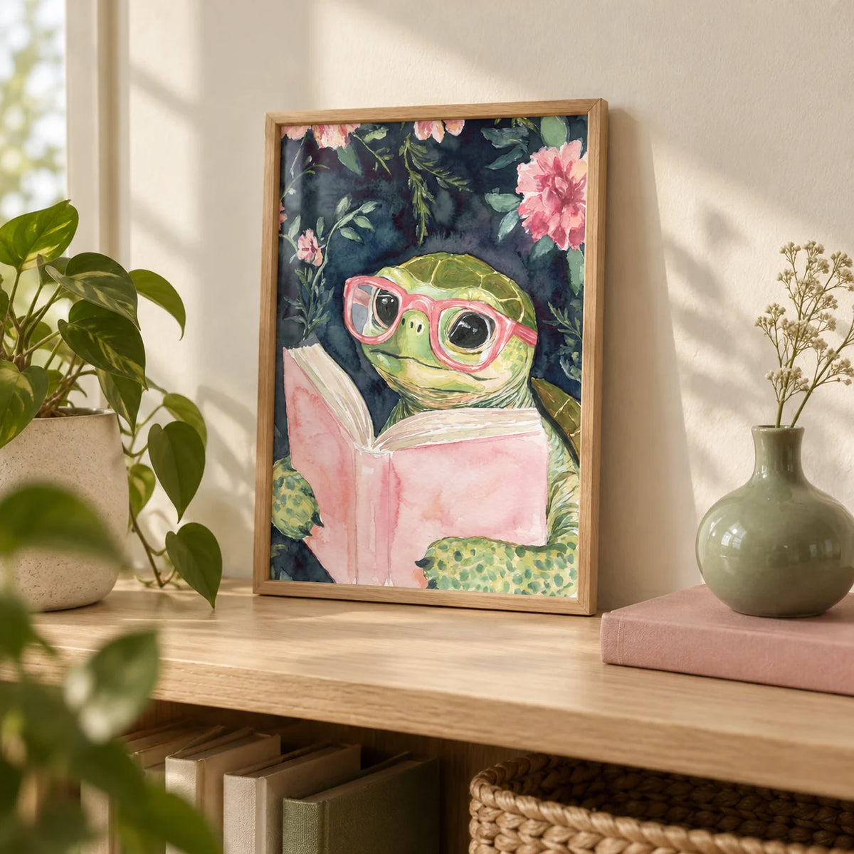 Turtle Reading Art Print, a small A4 framed print leaning on a pale oak bookshelf in a living room