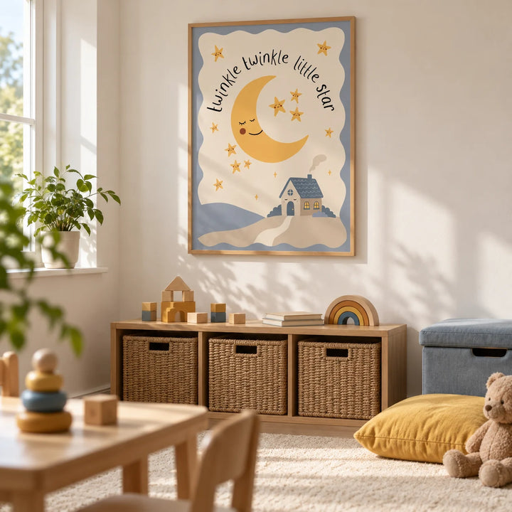 Twinkle Twinkle Star Print, framed on the wall of a bright playroom in a modest UK family home with warm white walls and a plain cream wool rug