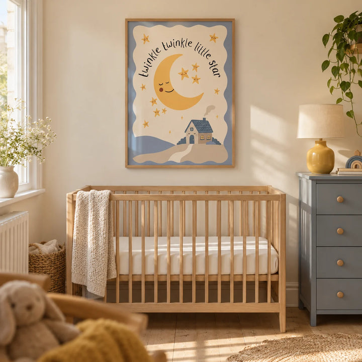Twinkle Twinkle Star Print, framed on the wall of a calm nursery in a UK terraced family home with warm cream walls and pale wooden floorboards