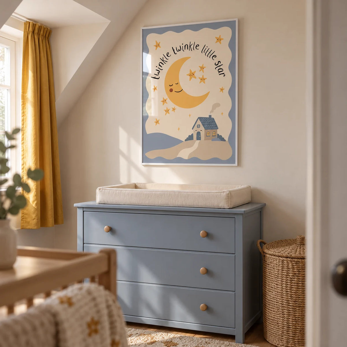 Twinkle Twinkle Star Print, framed on the wall of a compact attic nursery dressing area in a UK family home with a sloping ceiling and a full-height cream end wall