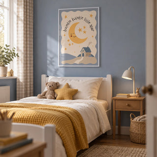 Twinkle Twinkle Star Print, framed on the wall of a cosy young child's single bedroom in a UK family home with a muted blue-grey wall