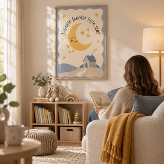 Twinkle Twinkle Star Print, framed on the wall of a quiet nursery reading corner with warm cream walls and a pale oak floor