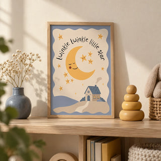 Twinkle Twinkle Star Print, a small A4 framed print leaning on a pale oak nursery shelf