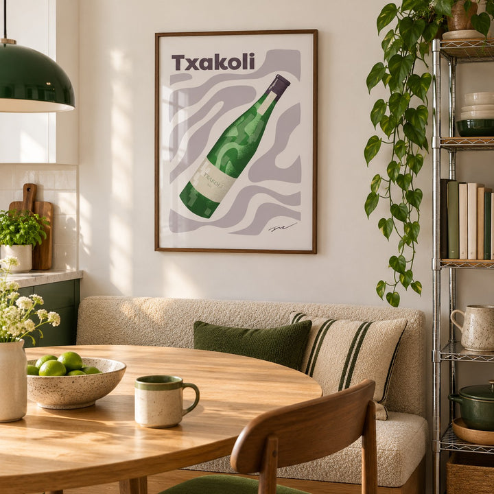 Txakoli Poster hung above a breakfast nook in a city apartment kitchen (frame not included)