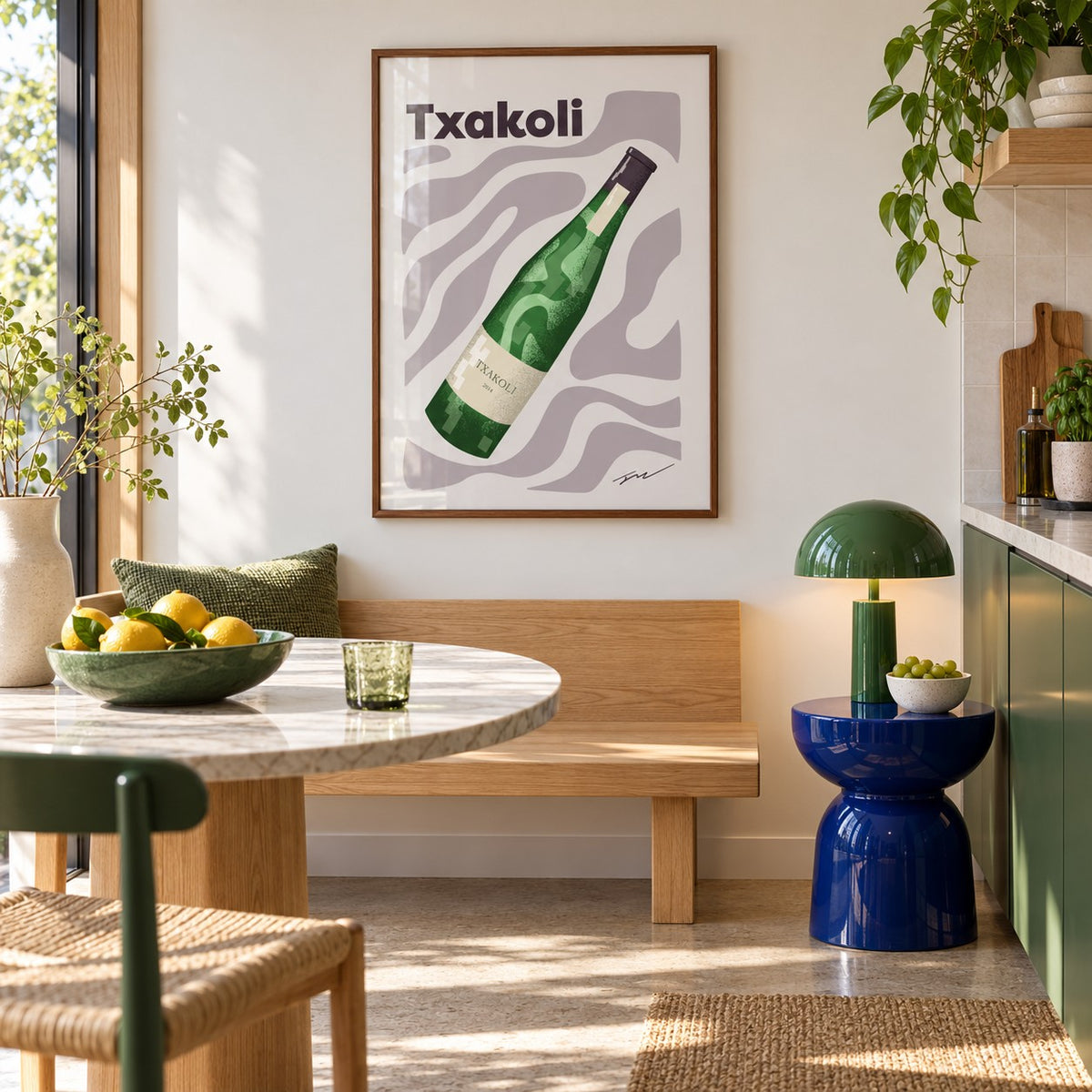 Txakoli Poster hung above a breakfast bench in a colourful minimalist kitchen (frame not included)
