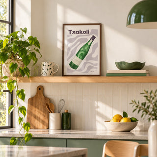 Txakoli Poster in the small A4 size, leaning on a kitchen shelf (frame not included)