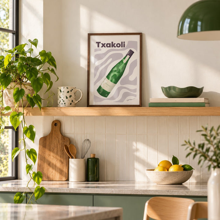 Txakoli Poster in the small A4 size, leaning on a kitchen shelf (frame not included)
