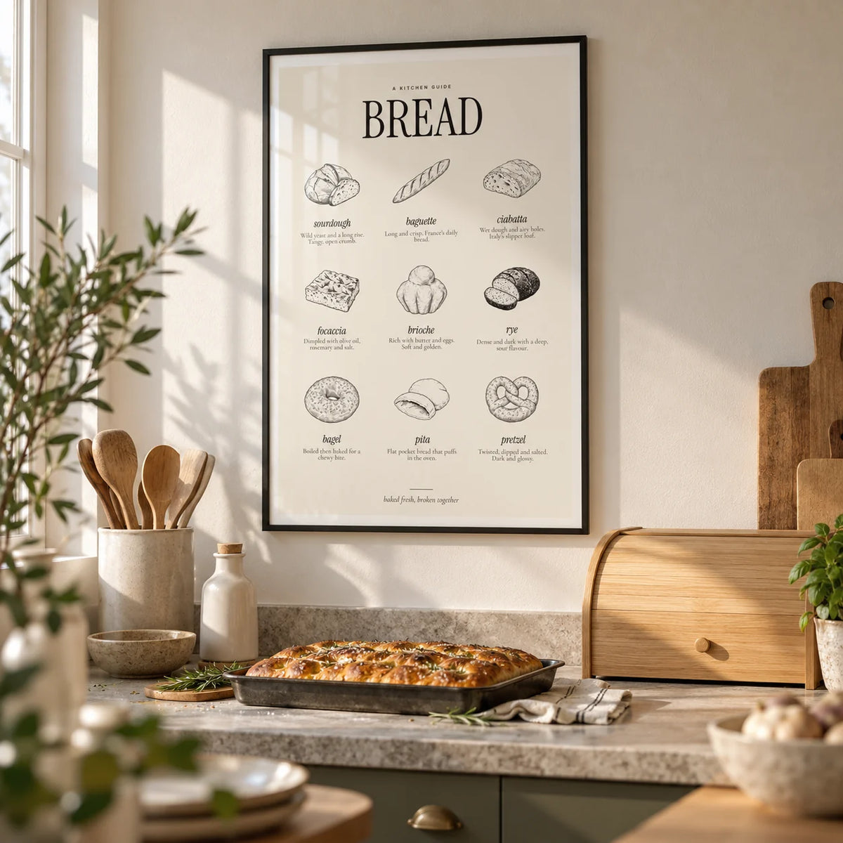 Types of Bread Print, framed on the wall of a calm modern kitchen