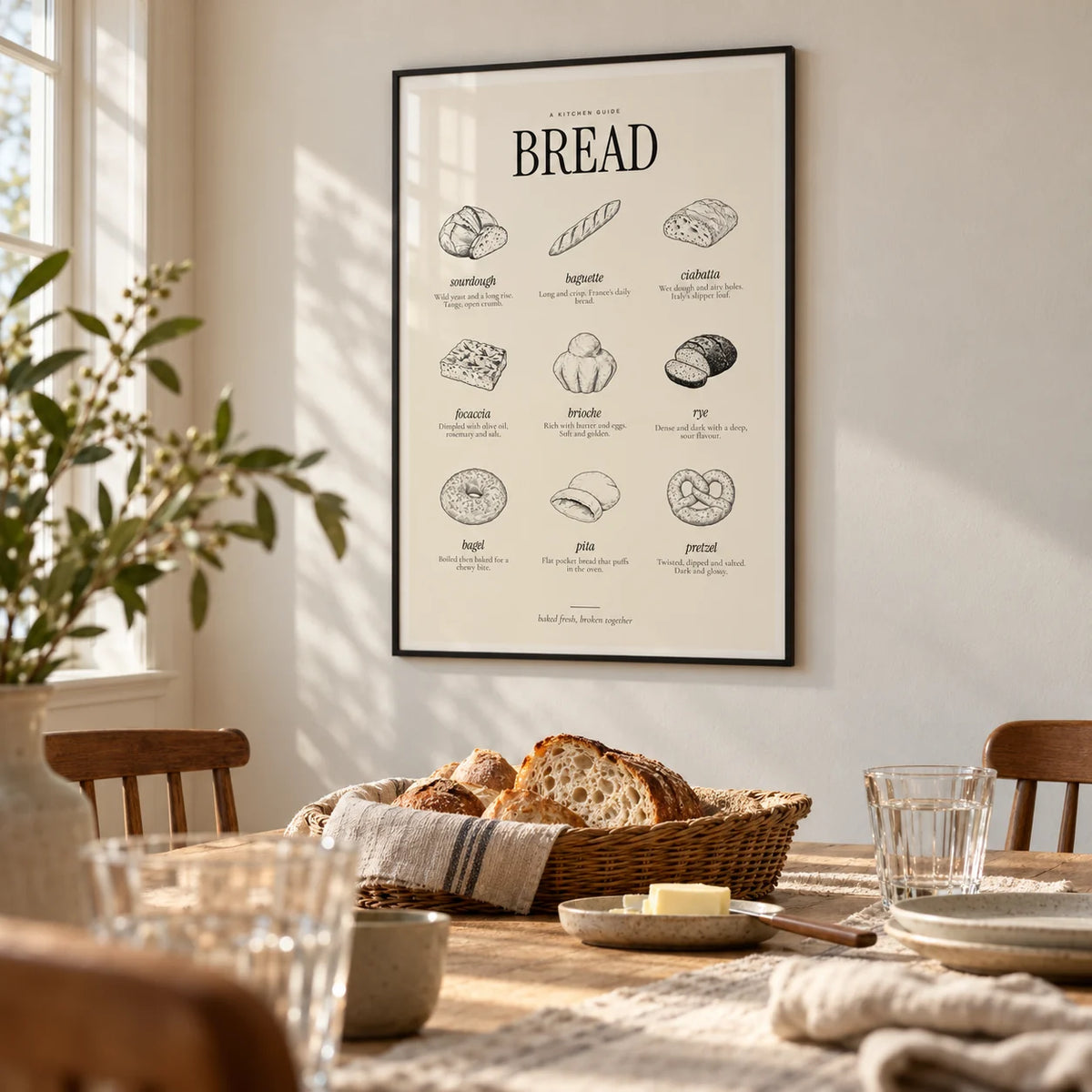 Types of Bread Print, framed on the wall of a relaxed dining room