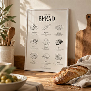 Types of Bread Print, a small A4 framed print leaning on an oak worktop in a kitchen
