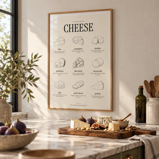 Types of Cheese Print, framed on the wall of a calm modern kitchen