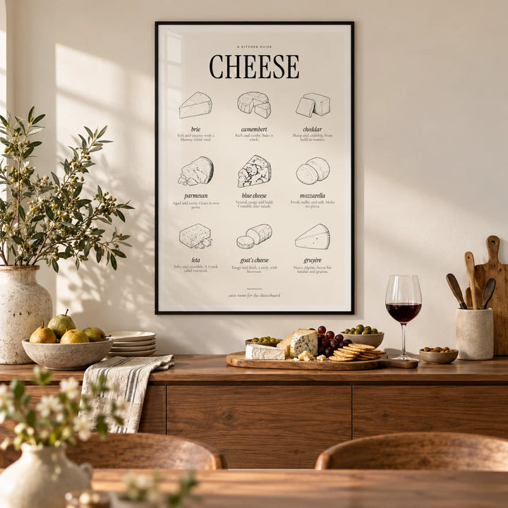 Types of Cheese Print, framed on the wall of a dining room