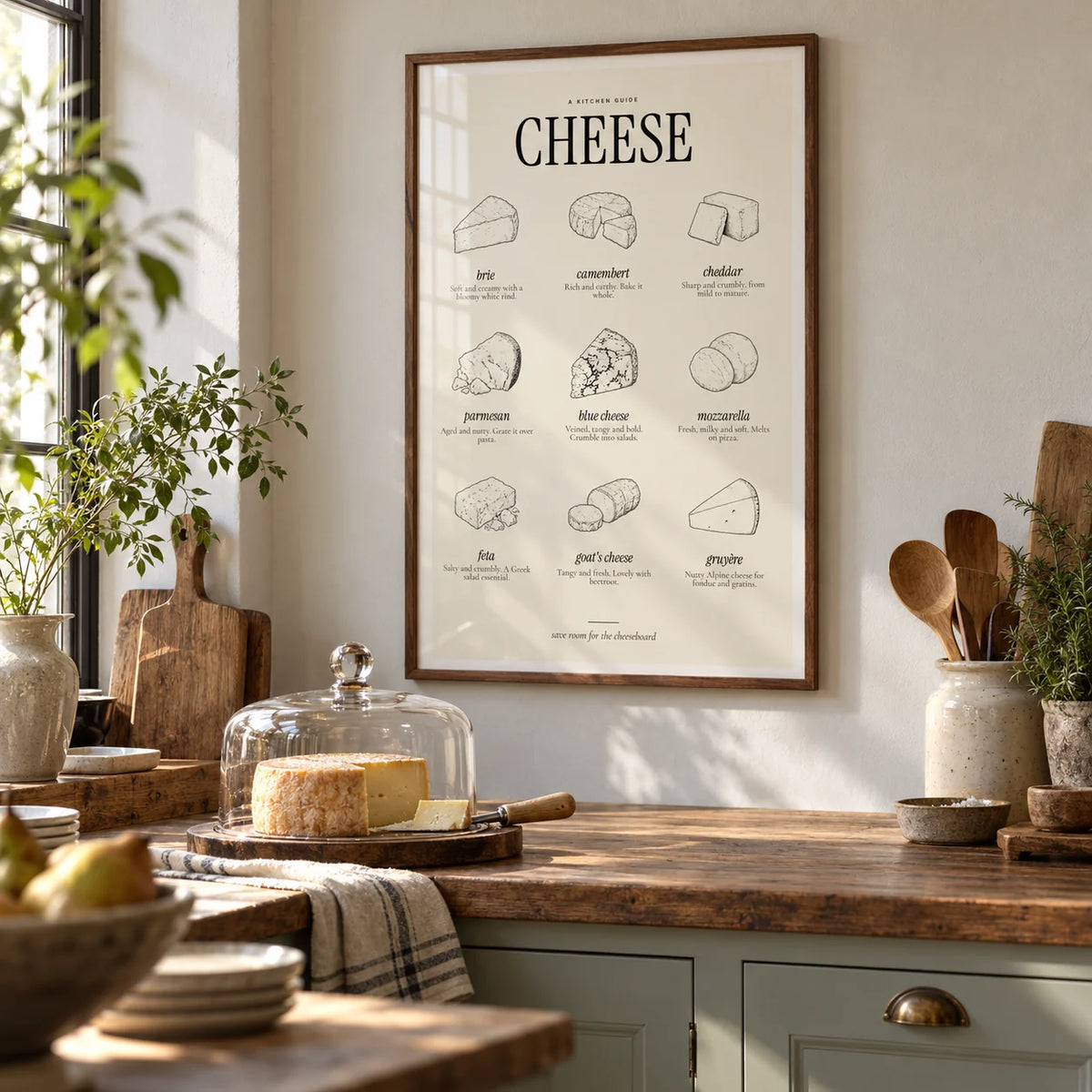 Types of Cheese Print, framed on the wall of a farmhouse kitchen