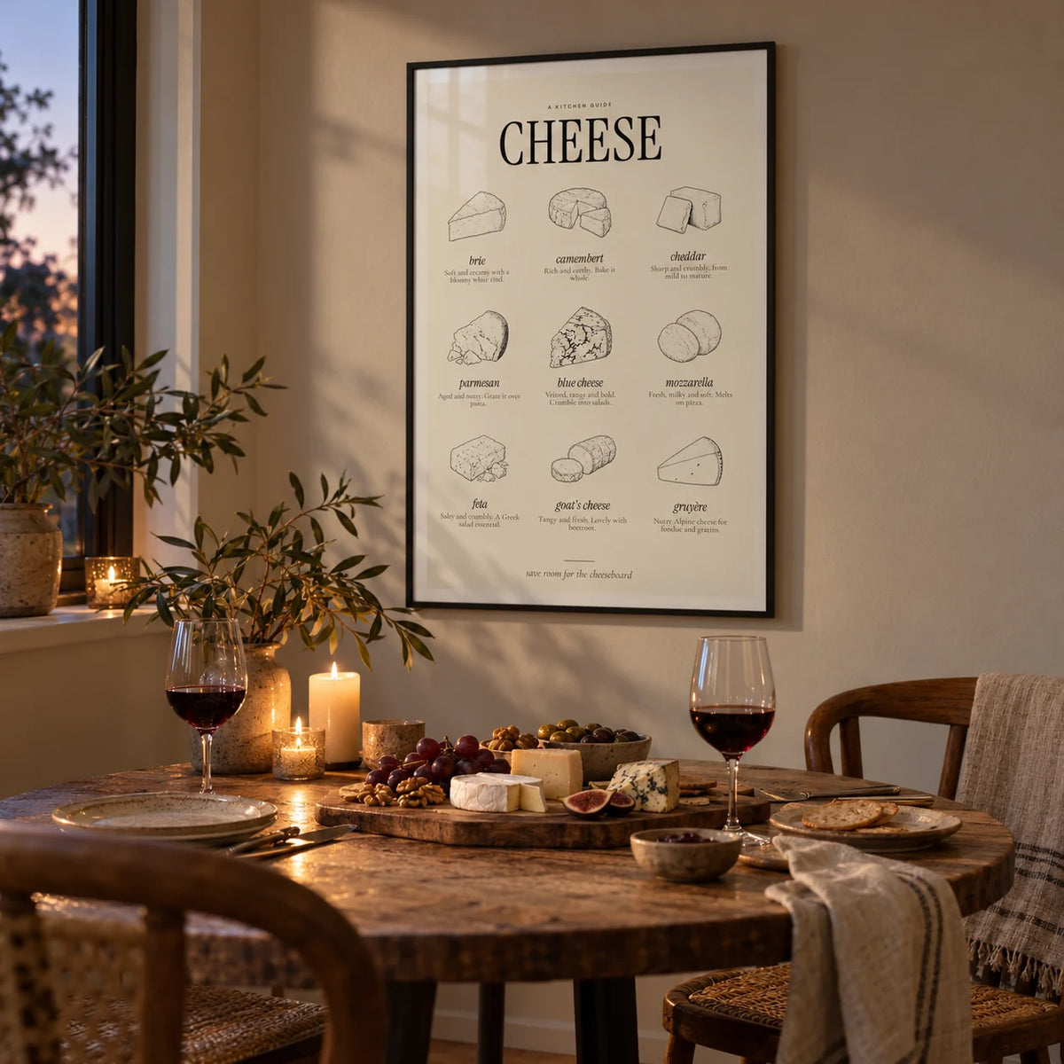 Types of Cheese Print, framed on the wall of a relaxed dining nook in the evening