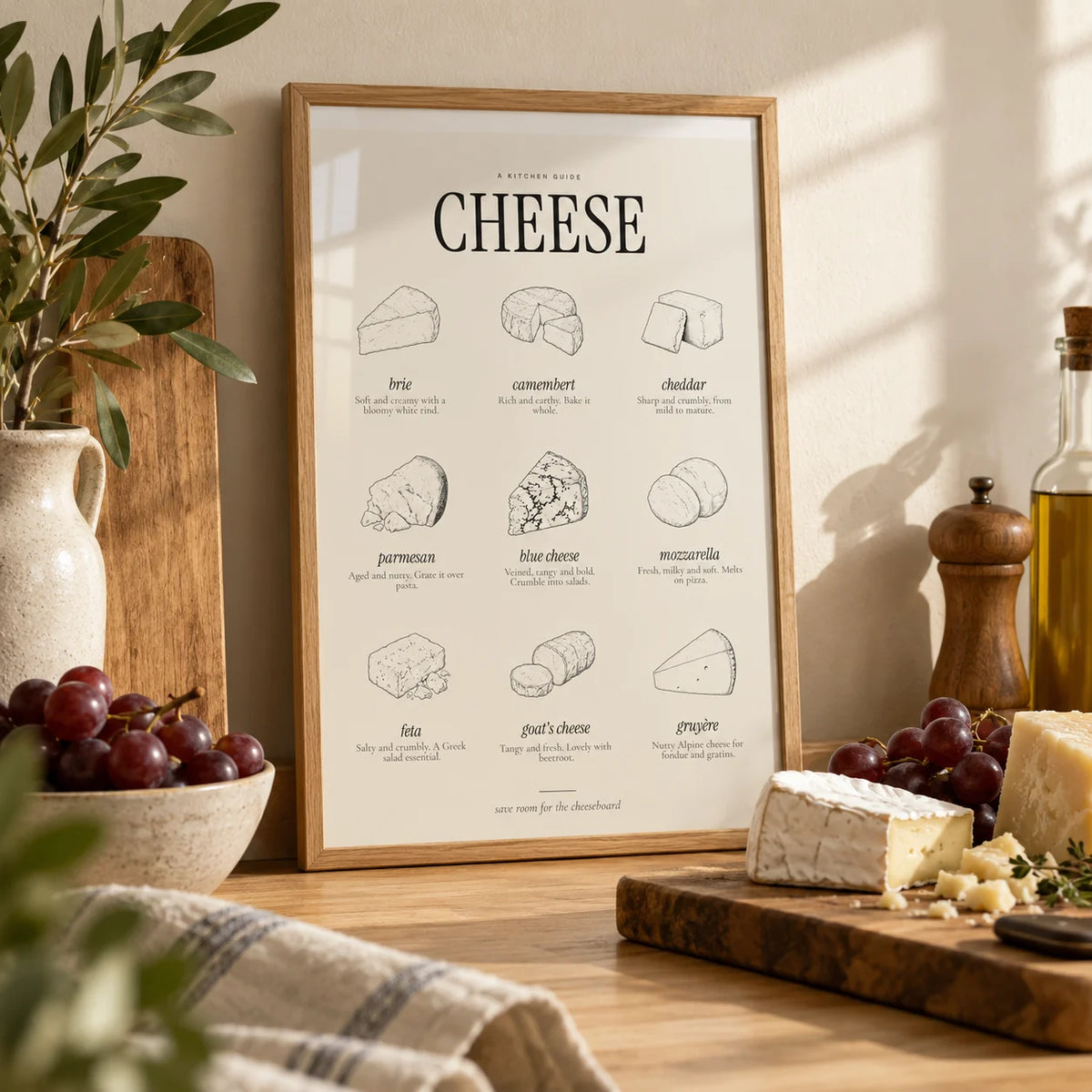 Types of Cheese Print, a small A4 framed print leaning on an oak worktop in a kitchen