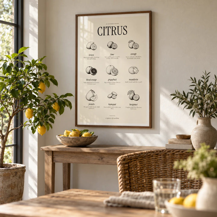 Types of Citrus Print, framed on the wall of a light garden room dining area
