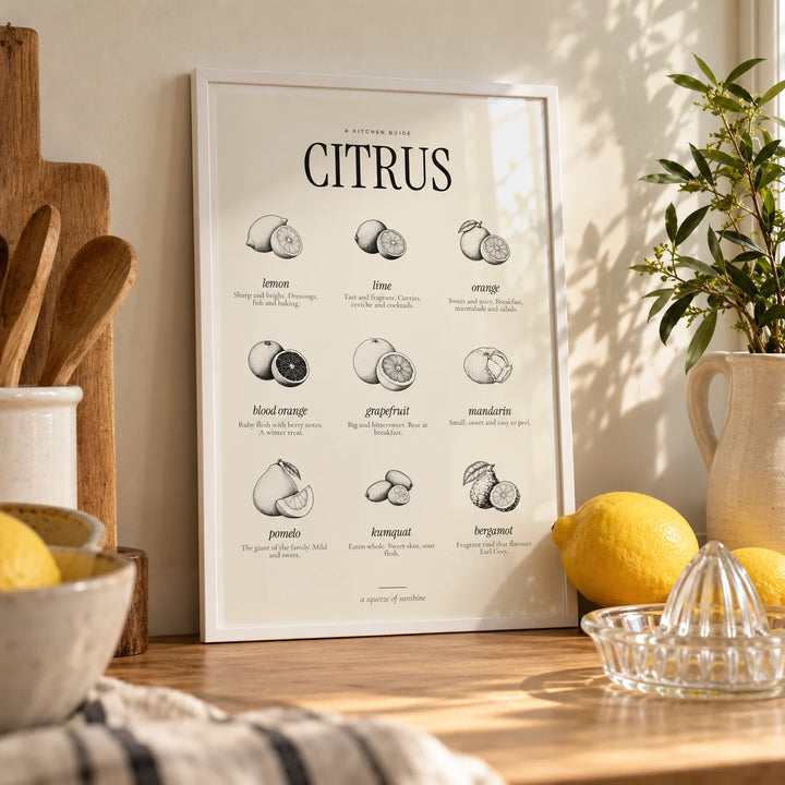 Types of Citrus Print, a small A4 framed print leaning on an oak worktop in a kitchen