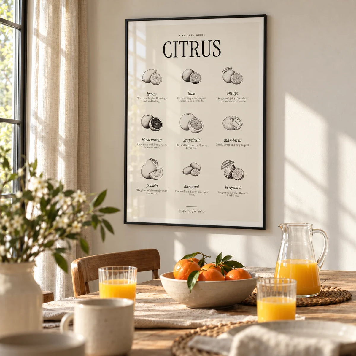 Types of Citrus Print, framed on the wall of a sunny breakfast room in a kitchen