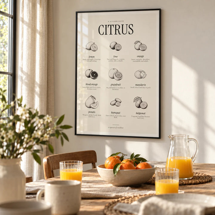 Types of Citrus Print, framed on the wall of a sunny breakfast room in a kitchen