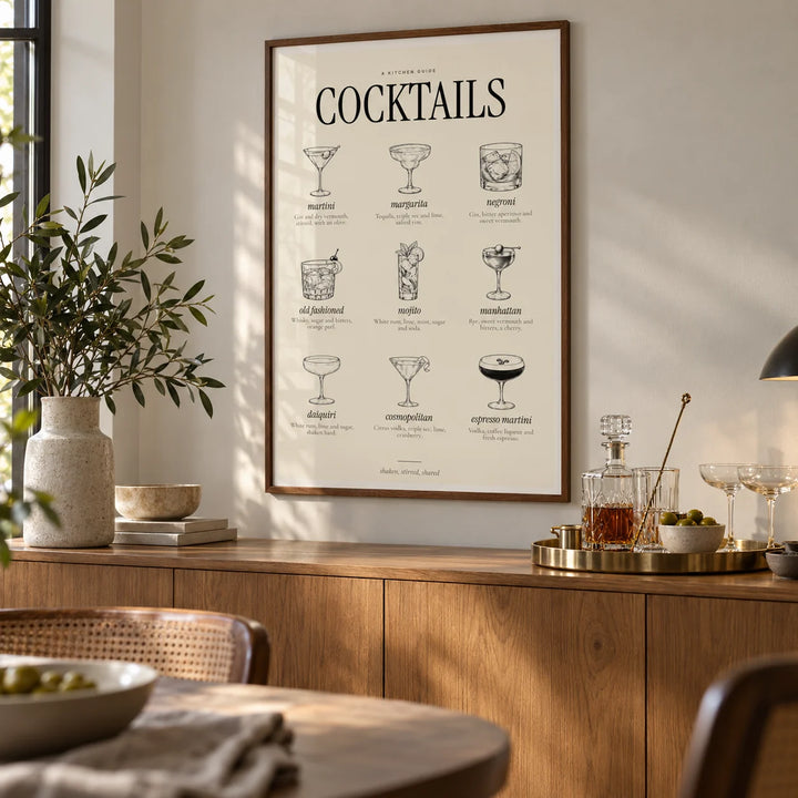 Types of Cocktails Print, framed on the wall of a dining room