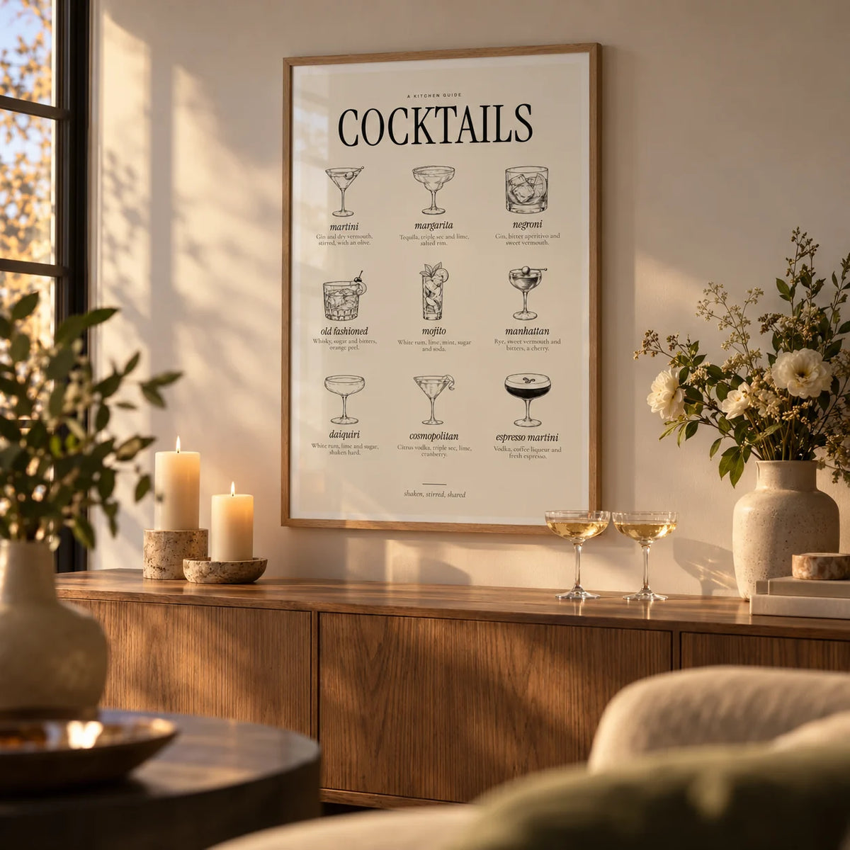 Types of Cocktails Print, framed on the wall of an evening living space in a living room