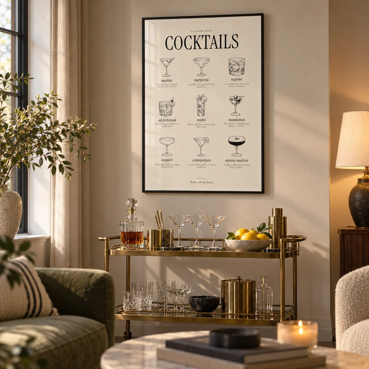 Types of Cocktails Print, framed on the wall of a living room