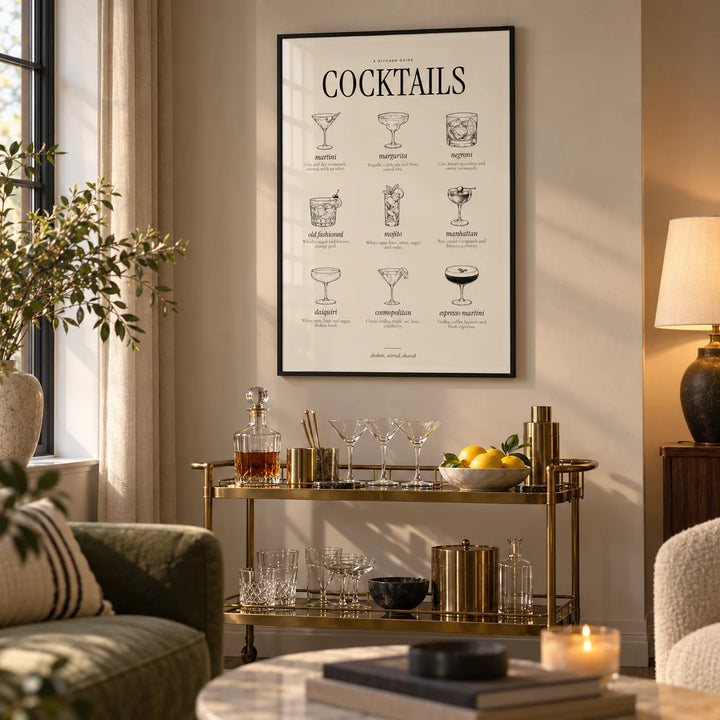 Types of Cocktails Print, framed on the wall of a living room