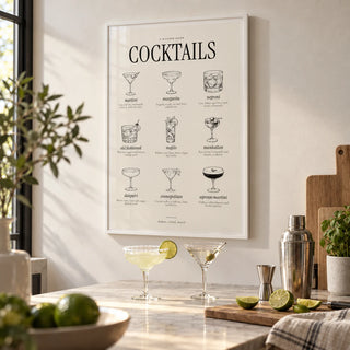 Types of Cocktails Print, framed on the wall of a modern kitchen