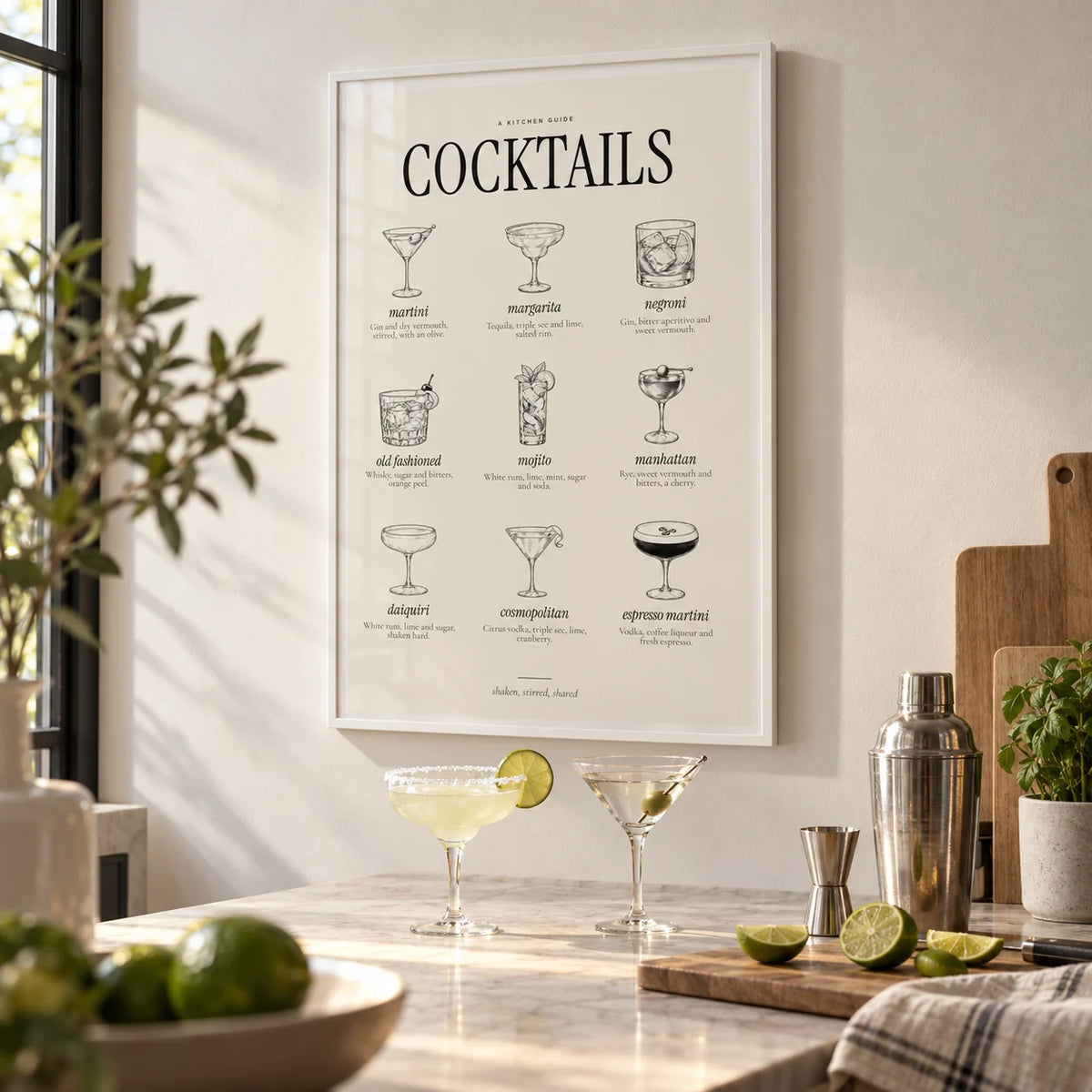 Types of Cocktails Print, framed on the wall of a modern kitchen