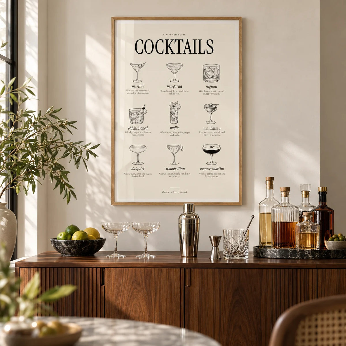 Types of Cocktails Print, framed on the wall of a stylish home bar corner in a living room
