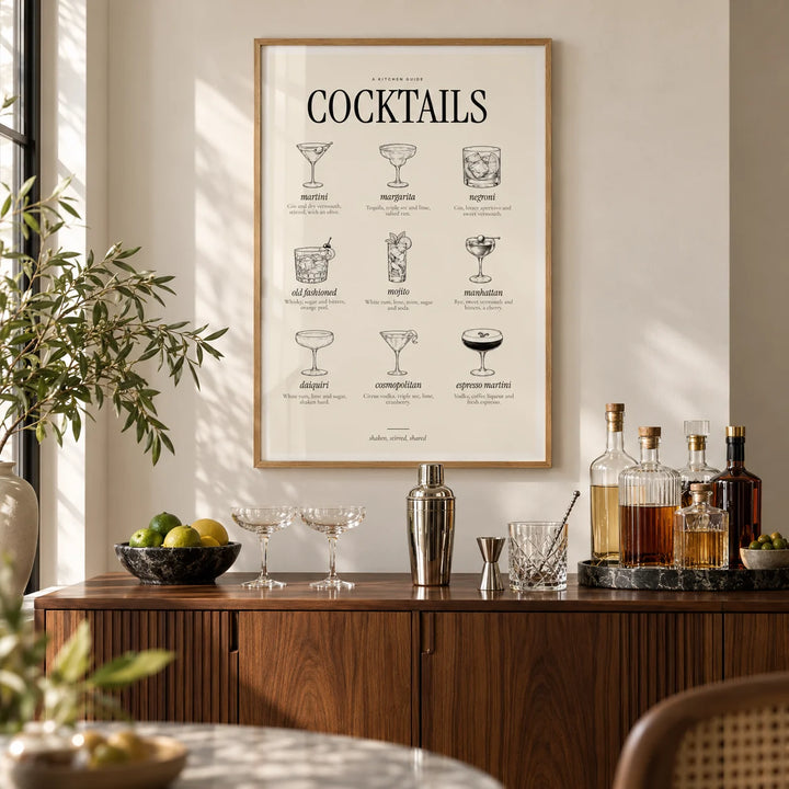 Types of Cocktails Print, framed on the wall of a stylish home bar corner in a living room
