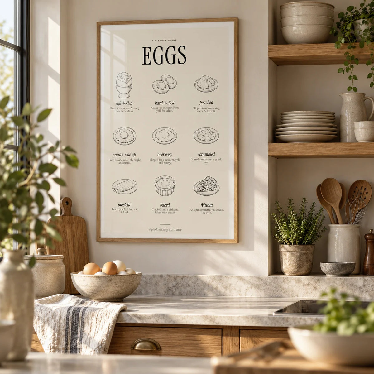 Types of Eggs Print, framed on the wall of a kitchen with open oak shelves of stoneware