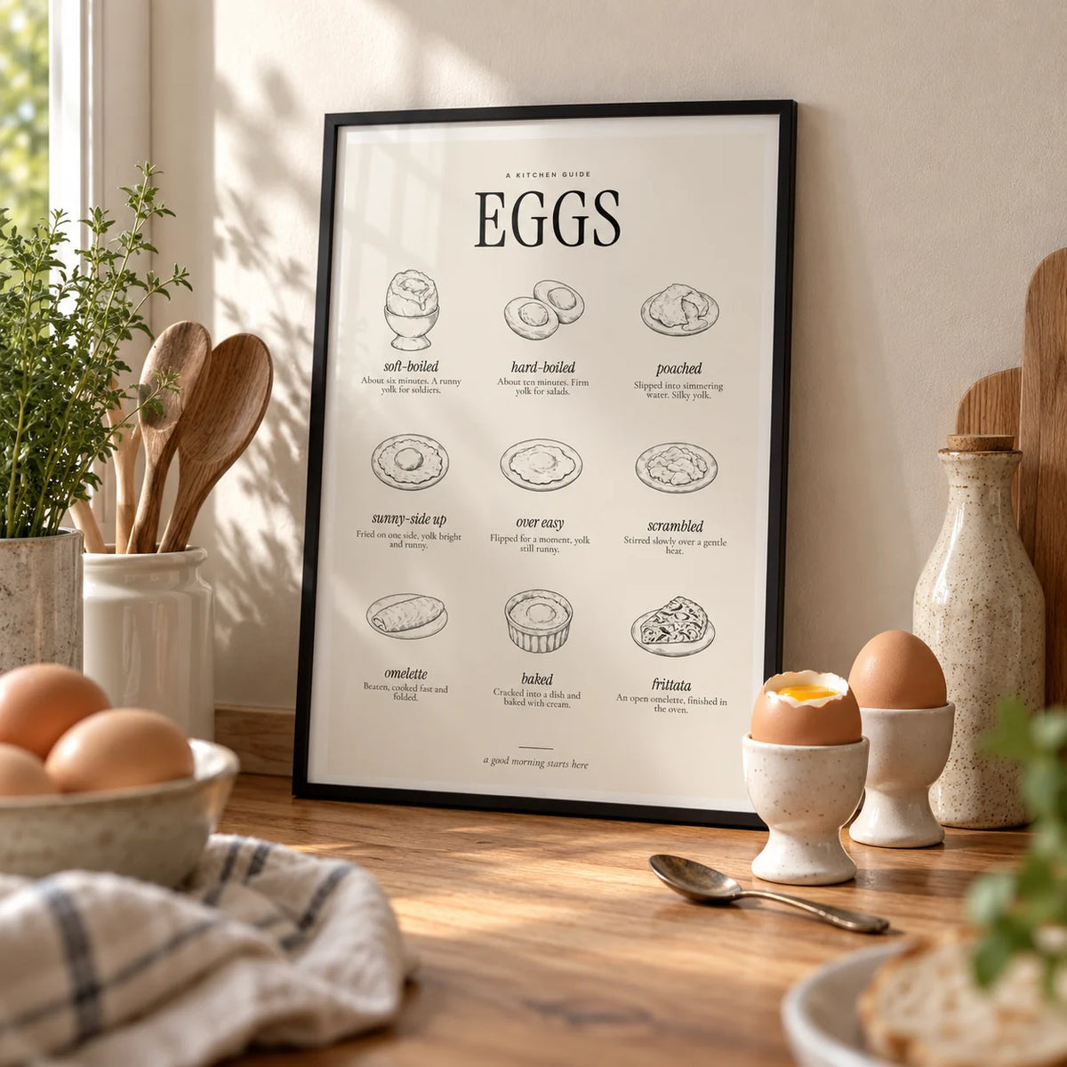 Types of Eggs Print, a small A4 framed print leaning on an oak worktop in a kitchen