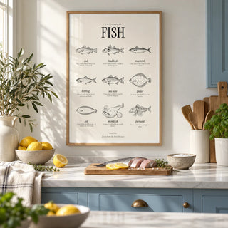 Types of Fish Print, framed on the wall of a bright coastal kitchen