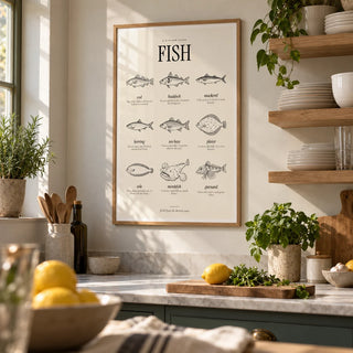 Types of Fish Print, framed on the wall of a kitchen with open oak shelves of white plates