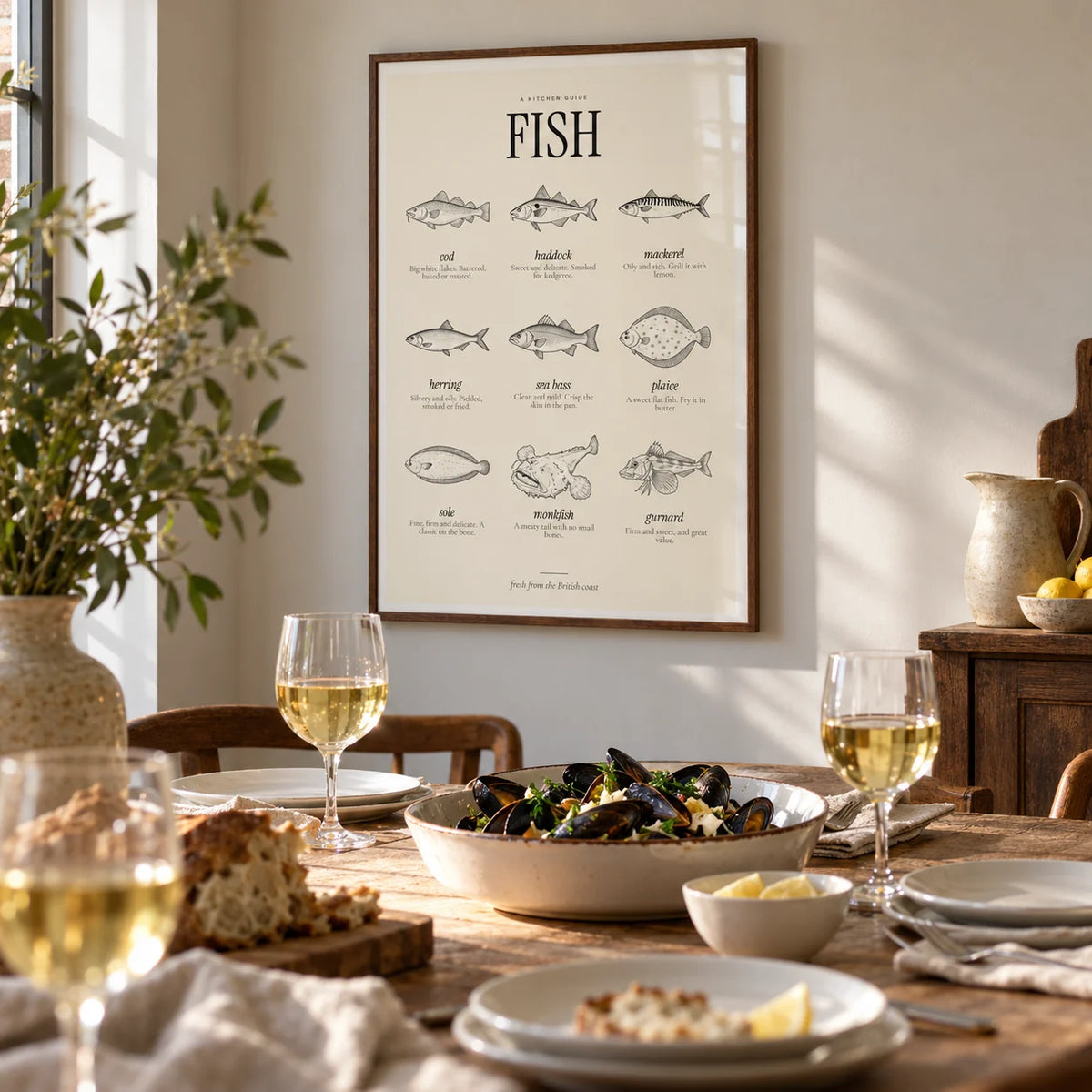 Types of Fish Print, framed on the wall of a relaxed dining room