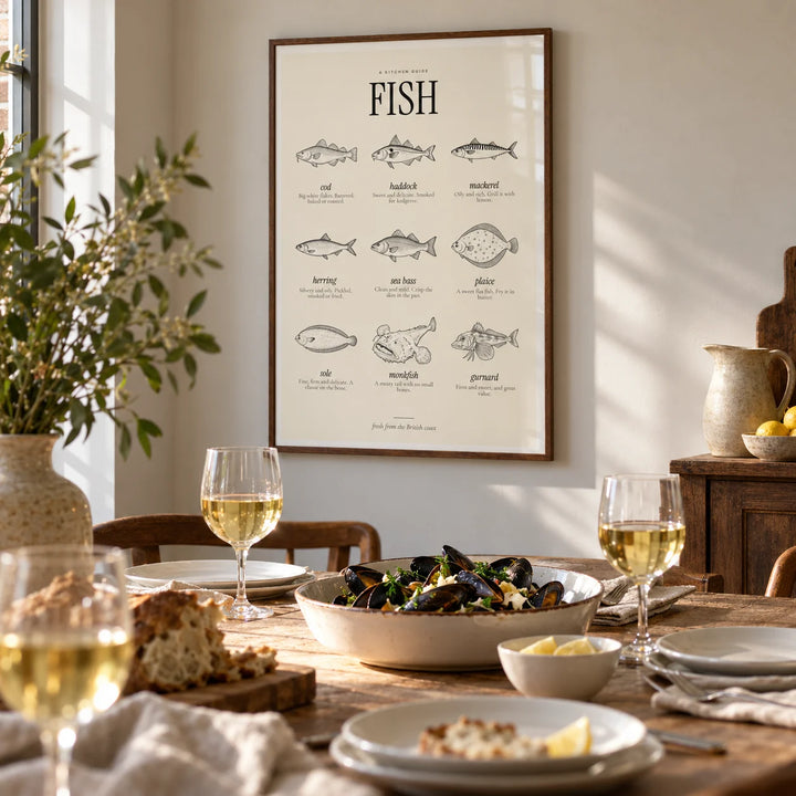Types of Fish Print, framed on the wall of a relaxed dining room