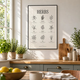 Types of Herbs Print, framed on the wall of a bright kitchen